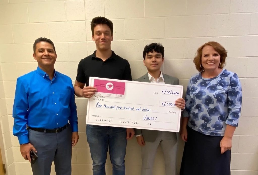 Juan Llerena, Sebastian Leighton, Gonzalo Romero Rocha, and Teresa Christenson at Chaska High School scholarship presentation.